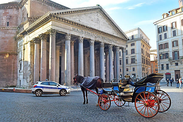 Rome, Italy - January 14: carriage with horse in the square in front of the Pantion, Rome, Italy on January 14, 2024