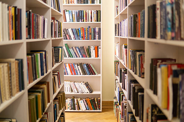 Perm, Russia - April 13, 2025: Bookshelf with books in the library, education and learning concept