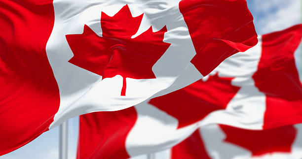 istock Canadian flag waving outdoors with maple leaf symbol. 3D render 2210591287