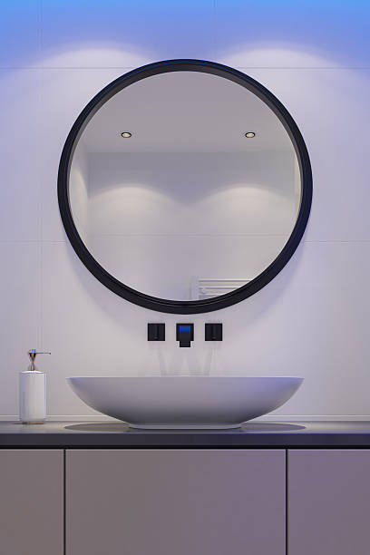 Modern Home Bathroom with Oval Sink, Blue LED Ceiling Light, and White Tile Walls