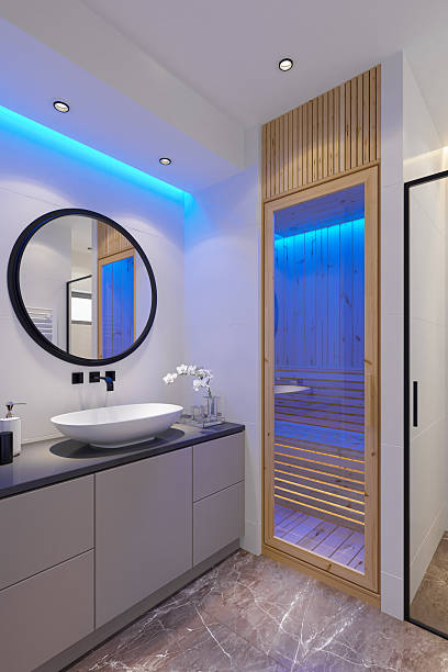 istock Modern Home Spa Bathroom with Finnish Pine Sauna and Blue Accent Lighting 2210591765