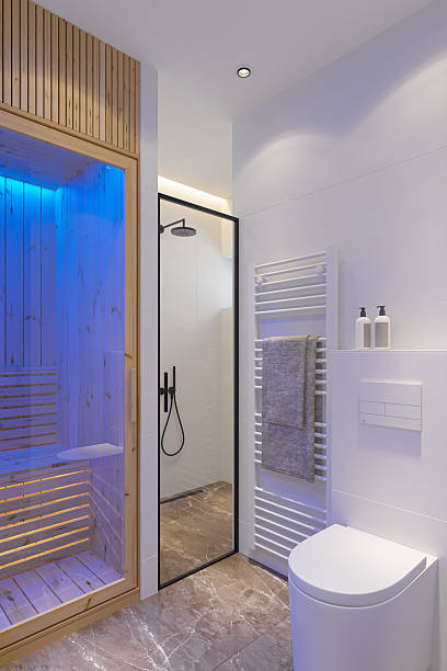 istock Modern Home Spa Bathroom with Finnish Pine Sauna and Blue Accent Lighting 2210591968