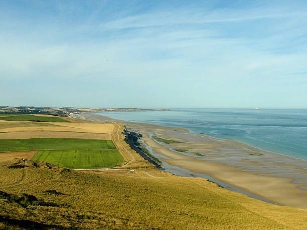 Viewpoint on meadow and tide at dawn.