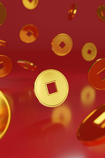 istock Chinese golden coins on red background. 3d illustration. 2210604783