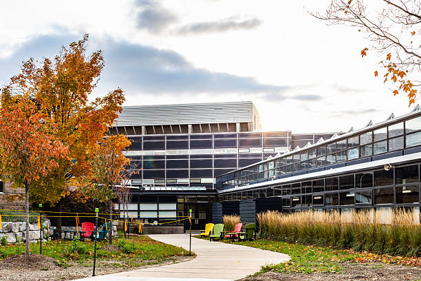Modern Educational Building Surrounded By Autumn Trees and Outdoor Seating