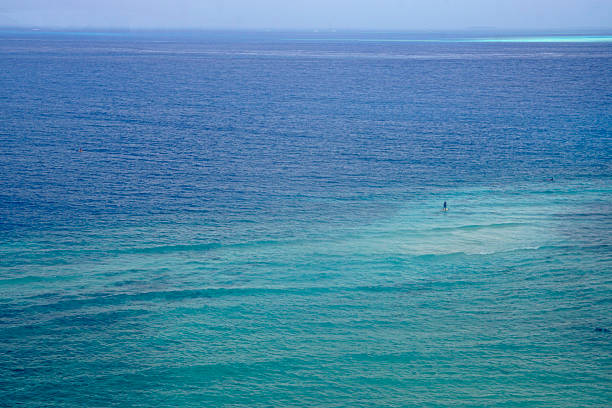 A bright clear blue summer sky, high over the horizon with a calm sea.