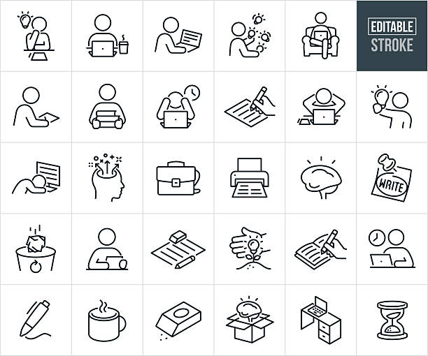 Writer Thin Line Icons - Editable Stroke - Icons Include A Writer Writing, Author, Novelist, Book, Professional Occupation, Biographer, Columnist, Creative Writer, Technical Writer, Inspiration, Creativity, Working On Computer, Freelance Writer, Ideas A set of writer icons that include editable strokes or outlines using the EPS vector file. The icons include a writer brainstorming on what to write about, writer working on laptop with coffee at side, novelist writing a book using a computer, writer juggling ideas and topics represented by lightbulbs, person siting in arm chair writing using a laptop computer, columnist using a pencil and paper to write, writer holding a stack of books as inspiration, technical writer with head in hands working late at computer, hand using a pencil to write on a piece of paper, writer with hands behind his head as he works on a writing assignment, novelist holding up a lightbulb representing inspiration in the writing process, writer asleep at the computer while working on writing, ideas flowing from the ming of a writer, briefcase, printer, human brain thinking, sticky note with the word "write" on it, crinkled piece of paper being thrown into a trash bin, writer using a tablet PC to do work, paper with eraser and pencil, hand nurturing writing concepts, creative writer working on book, writer working on book using a laptop, cup of coffee, thinking outside the box, deadline and other related icons. person writing in notebook stock illustrations