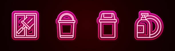 istock Set line Rubber cleaner for windows, Bucket, Trash can and Dishwashing liquid bottle. Glowing neon icon. Vector 2210617527