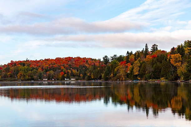 istock Reflection of Autumn Forest on Calm Lake Under Cloudy Sky 2210618866