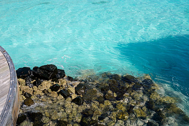 Long exposure shot along the breakwaters that are dotted along the shoreline of Reethi Rah Island, Maldives.