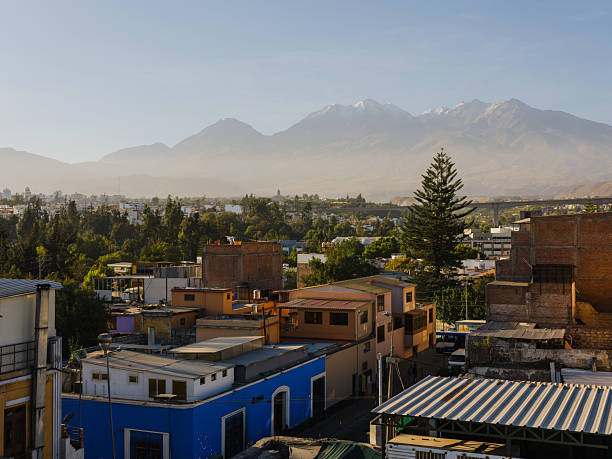 Scenic high angle view of Arequipa  cityscape in Peru at sunset