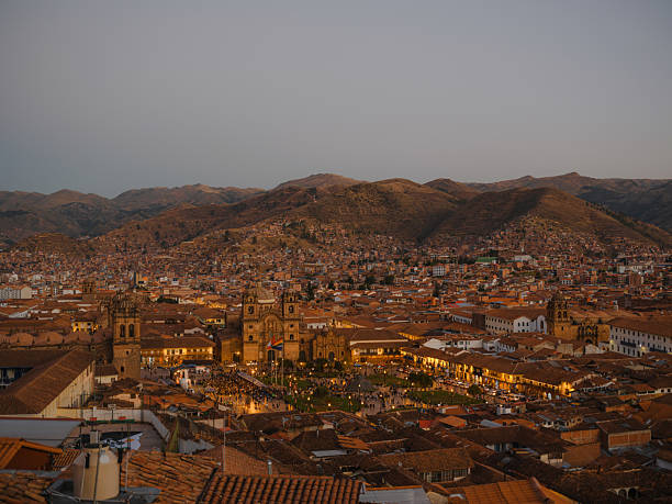 High angle view of Cusco town cityscape in Peru