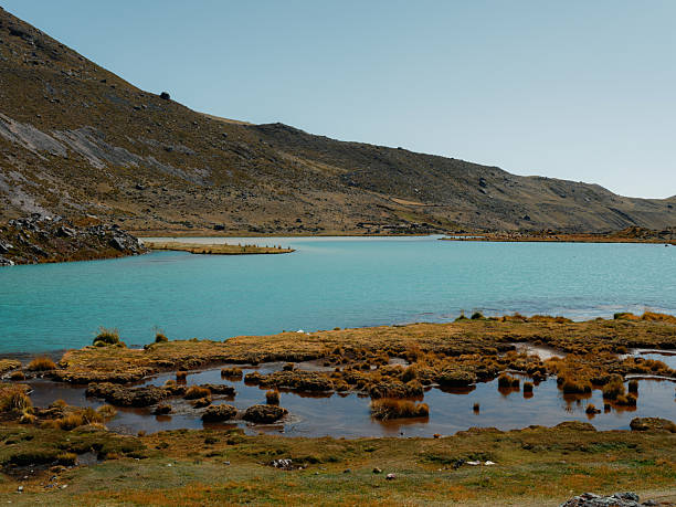 Scenic view of high altitude pristine lake in Peruvian Andes