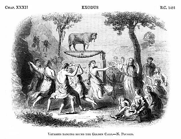 When Moses went up Mount Sinai, many Hebrews convinced Aaron to mold a idol. They worshipped the golden calf. Engraved illustration published 1836. Original edition is from my own archives. Copyright has expired and is in Public Domain.