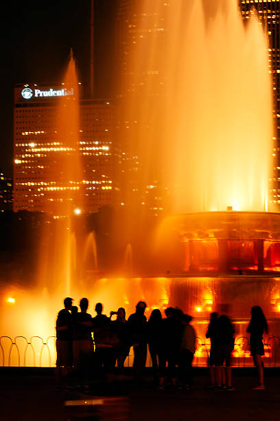 A close-up view of Chicago’s Buckingham Fountain at night