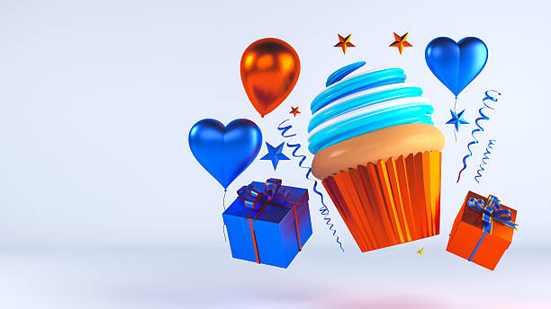 A dynamic and festive 3D illustration featuring a colorful cupcake, gift boxes, metallic heart and round balloons (blue and orange/red), golden stars, and confetti floating against a light background. This vibrant graphic represents joyous occasions like birthdays, parties, achievements, or any fun celebration. Perfect for invitations, flyers, or web graphics needing energy and color.