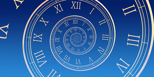 An abstract illustration depicting time as a mesmerizing spiral or vortex of Roman numeral clock faces receding into infinity. Set against a deep blue background, this graphic represents concepts like the passage of time, eternity, history, endless cycles, or even abstract ideas of time travel. The modern, clean design makes it suitable for conceptual projects, presentations, or backgrounds related to time, history, or theoretical science.
