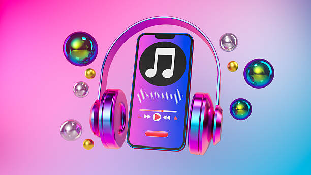 A vibrant 3D render showcasing a smartphone with a music player app interface, enveloped by stylish iridescent headphones. Floating metallic and iridescent spheres add a dynamic touch against the pink and blue gradient background. This illustration represents concepts like music streaming, mobile entertainment, audio technology, modern lifestyle, and personal playlists. Ideal for tech blogs, music app promotions, or entertainment-themed designs.