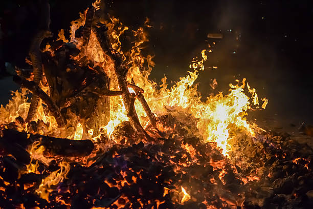 istock Fire flames on black background, Blaze fire flame texture background, Beautifully, the fire is burning, Fire flames with wood and cow dung bonfire 2210653084