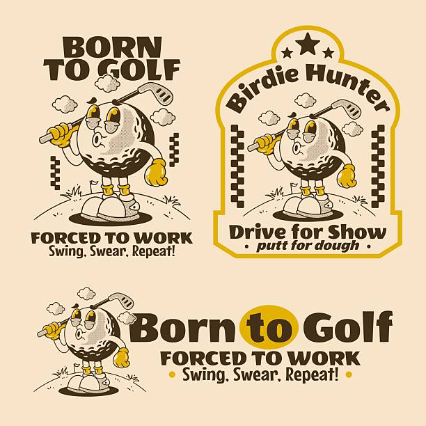 Three funny golf illustrations with retro character and humorous quotes