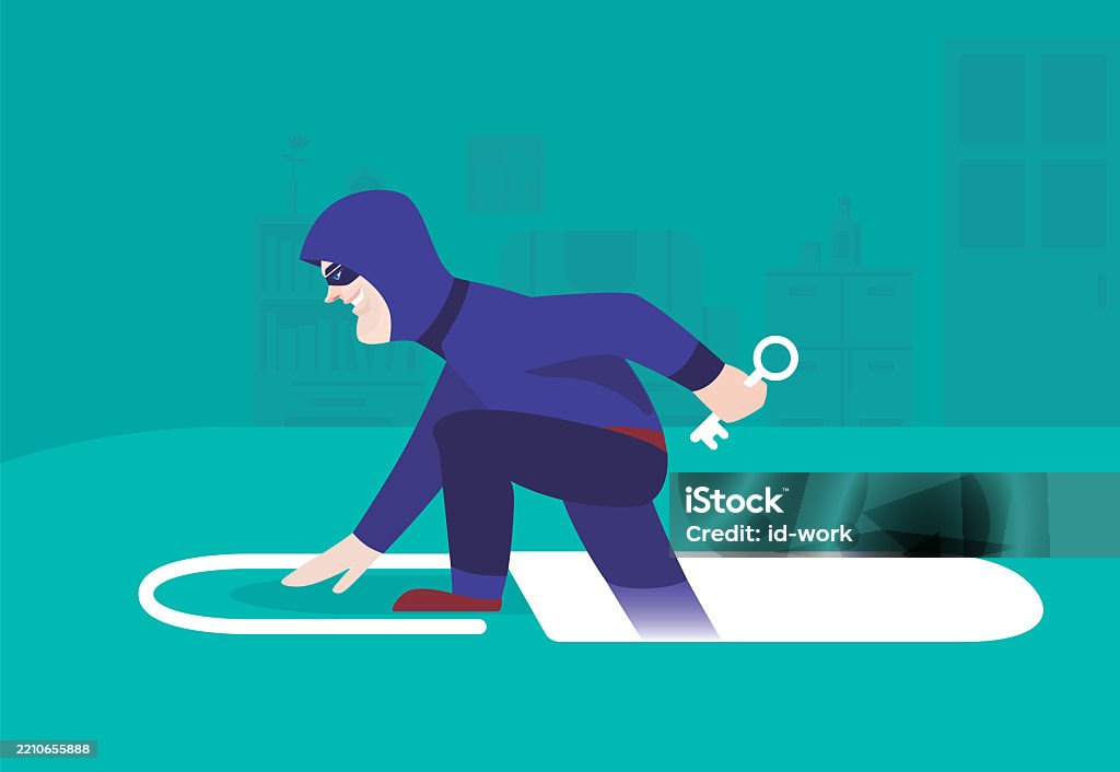 Key Hoocker Hacker Holding Key And Leaving Unlocked Lock Stock Illustration ...