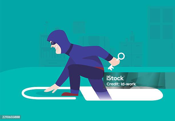 Hacker Holding Key And Leaving Unlocked Lock Stock Illustration ...