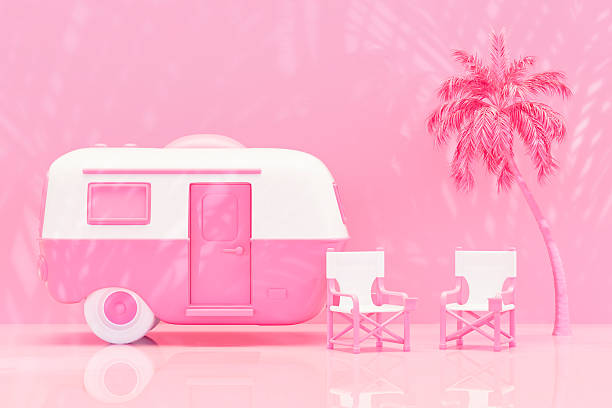 istock Camper trailer with palm tree, summer beach holiday travel background 2210657995