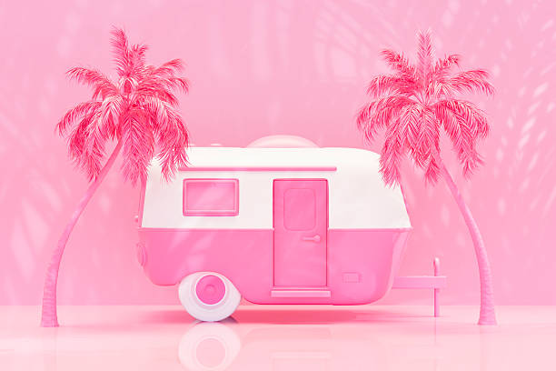 Camper trailer with palm tree, summer beach holiday travel background. Digitally generated image. 3d render.