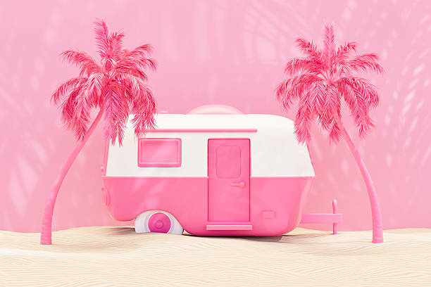 istock Camper trailer with palm tree on sand, summer beach holiday travel background 2210658621