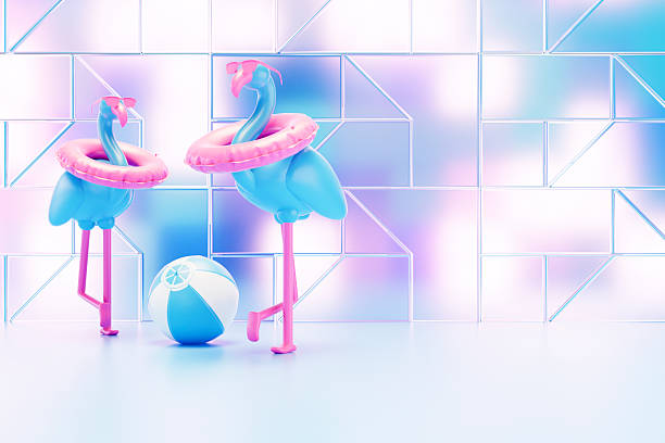 istock Flamingo with Swim Ring on Neon Lighting Background, Summer Concept 2210658795