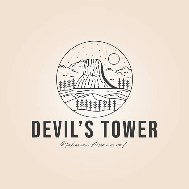 devil's tower national monument or wyoming nature park line art logo vector illustration design