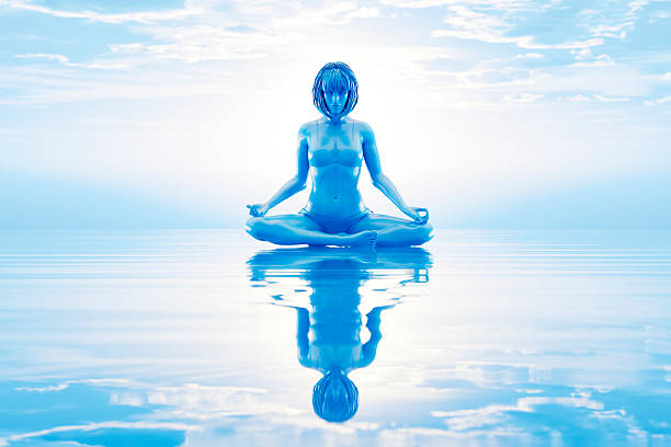 Young fit woman practicing yoga over sea. Digitally generated image. 3d render.