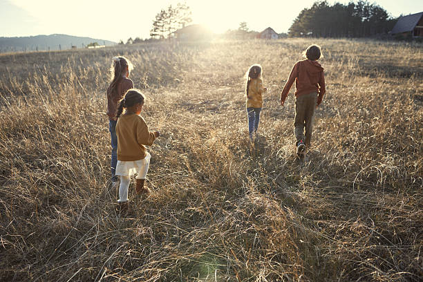 istock Happy kids enjoying in nature on sunset 2210663517