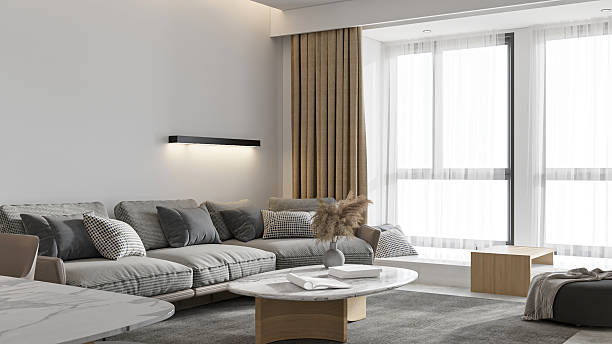 istock Modern Living Area with Floor-to-Ceiling Windows and Curtains 2210664655