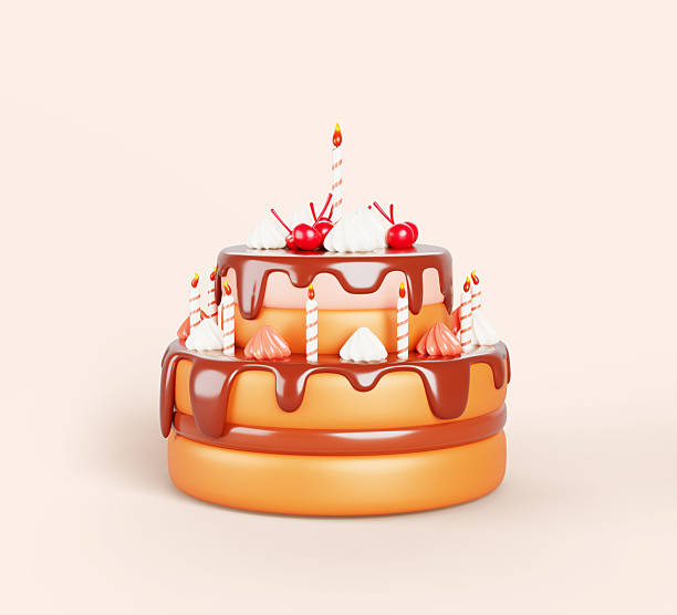 istock 3d birthday two tier cake with chocolate melted flowing icing drips, candles, cream and cherry decoration. Sweet dessert for anniversary or wedding celebration. Realistic render icon 2210665027