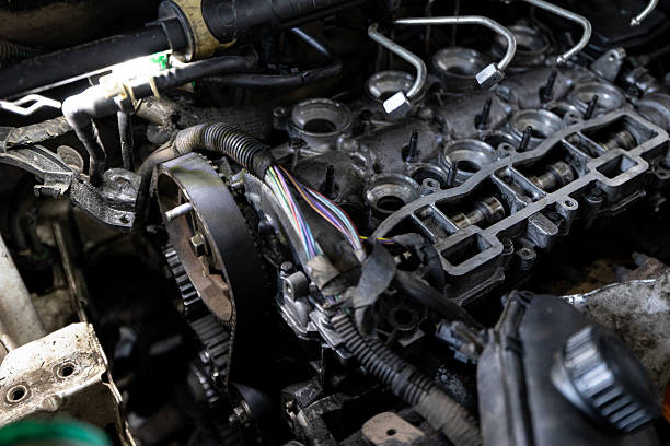 istock A close-up shows the upper part of a partially disassembled engine inside a vehicle, illuminated by a work light. 2210668432