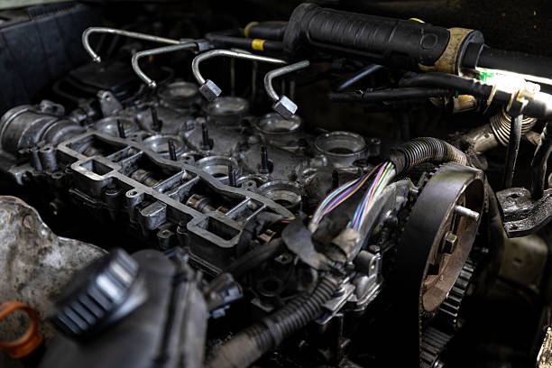 A close-up shows the upper part of a partially disassembled engine inside a vehicle, illuminated by a work light.