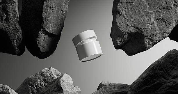 A white cosmetic jar floats in a surreal rocky canyon, lit with dramatic lighting.
