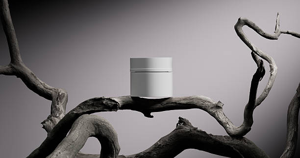 Minimal skincare packaging stands out against gnarled wooden branches.