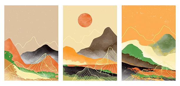istock set of creative minimalist hand painted illustrations of Mid century modern art. Natural abstract landscape background. mountain, forest, sea, sky, sun and river 2210679445