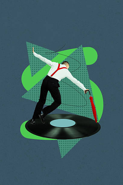 istock Exclusive artwork banner creative collage of happy guy dance retro vinyl disk celebration event melody chill playlist track 2210681214