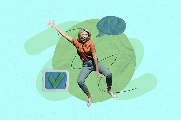 istock Creative full art collage of happy girl stand checkmark approval symbol text box notification speech chatterbox conversation 2210682384