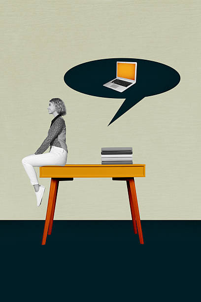 istock Poster visual collage of person sit table desk with book think mind cloud gadget on khaki background 2210682386