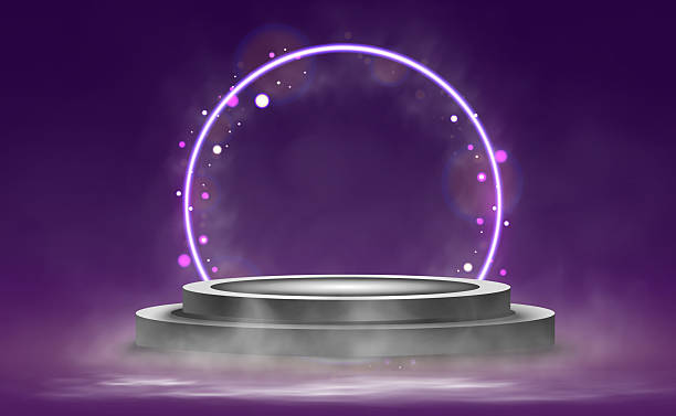 istock Futuristic glowing podium with neon light, purple background, fog and particles, modern empty scene for product display. 2210683117