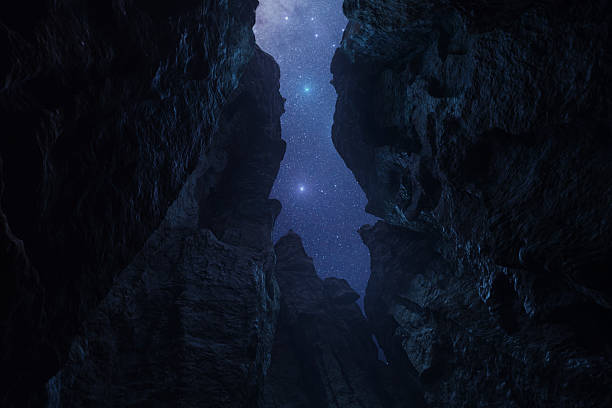 starry sky above rock walls of a cave. 3D Rendering