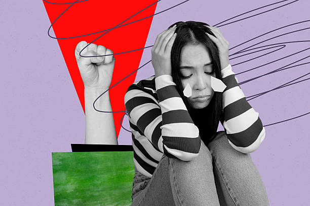 istock Trend artwork composite 3D photo collage of depressed young lady cry sit dwon equalty support human opinion vote democracy banner picket 2210683555