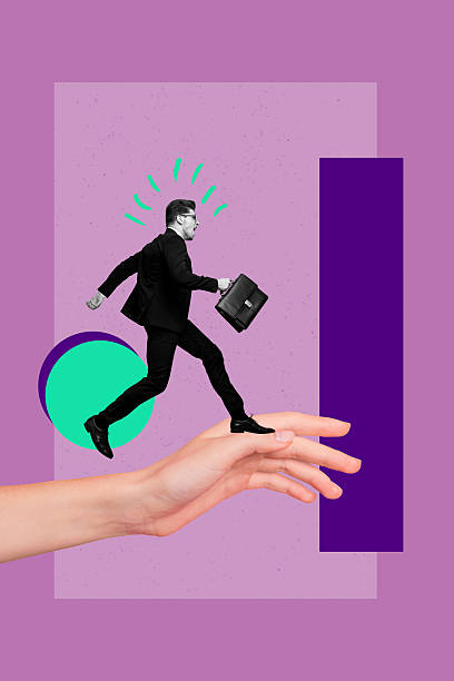 istock Creative abstract collage of young man run rectangle shape big hand on purple background 2210683979