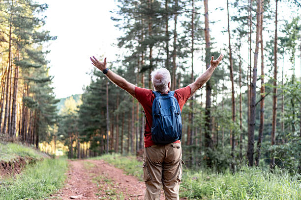 istock Senior hiker with backpack embracing nature in a green forest 2210685589