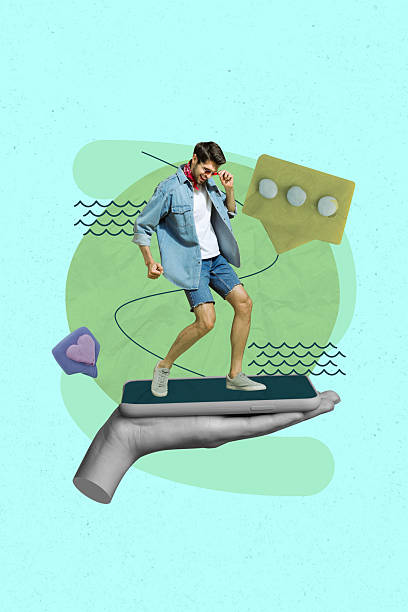 istock Exclusive image vertical photo collage of happy guy dance phone screen like notification speech text box communication feedback 2210686260