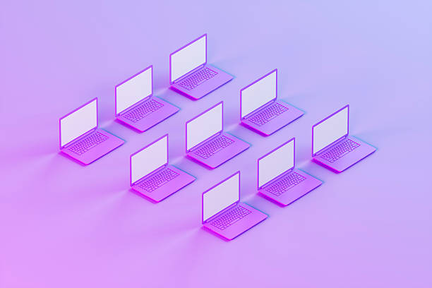 istock Laptops with Blank Screen, Minimal Technology Concept, Neon Lighting Lilac Background 2210689636